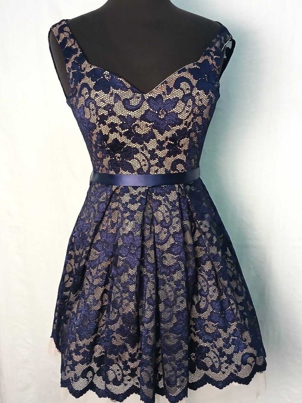 Navy Blue Lace Dress w Nude Lining